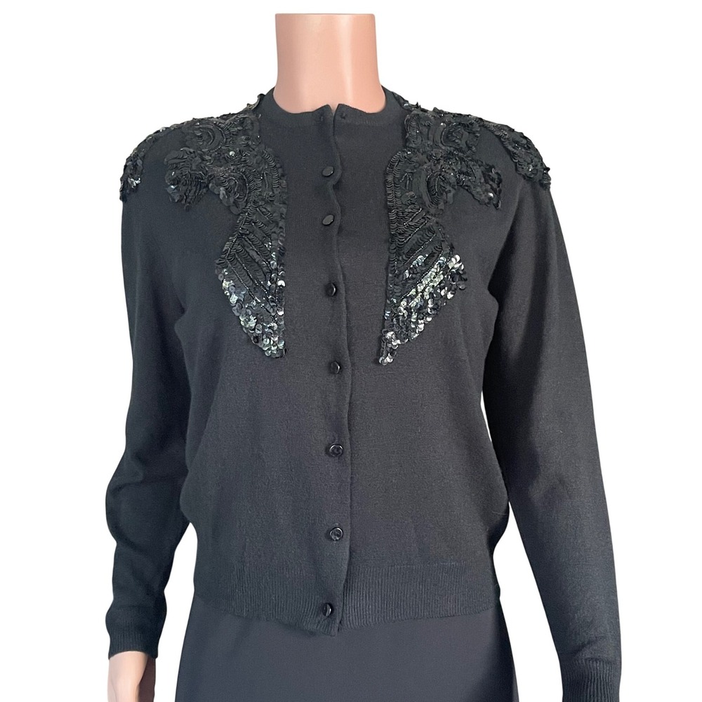 Pandora Black Beaded Sweater‎ Jacket M Vintage Look Gallery Chic Statement Layer